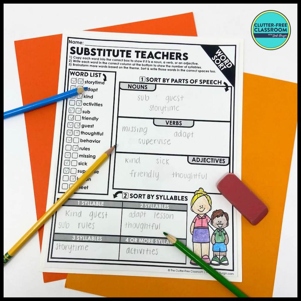 Substitute Teacher Activity Packet – Clutter Free Classroom Store