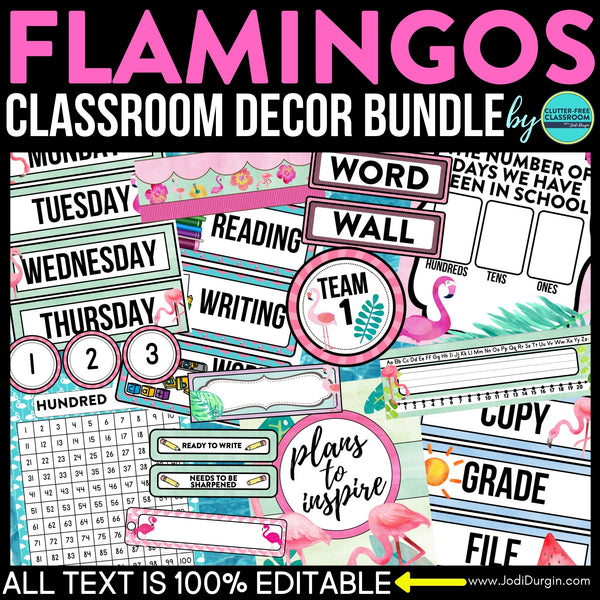 Watercolor Flamingo Theme Classroom Decor Bundle