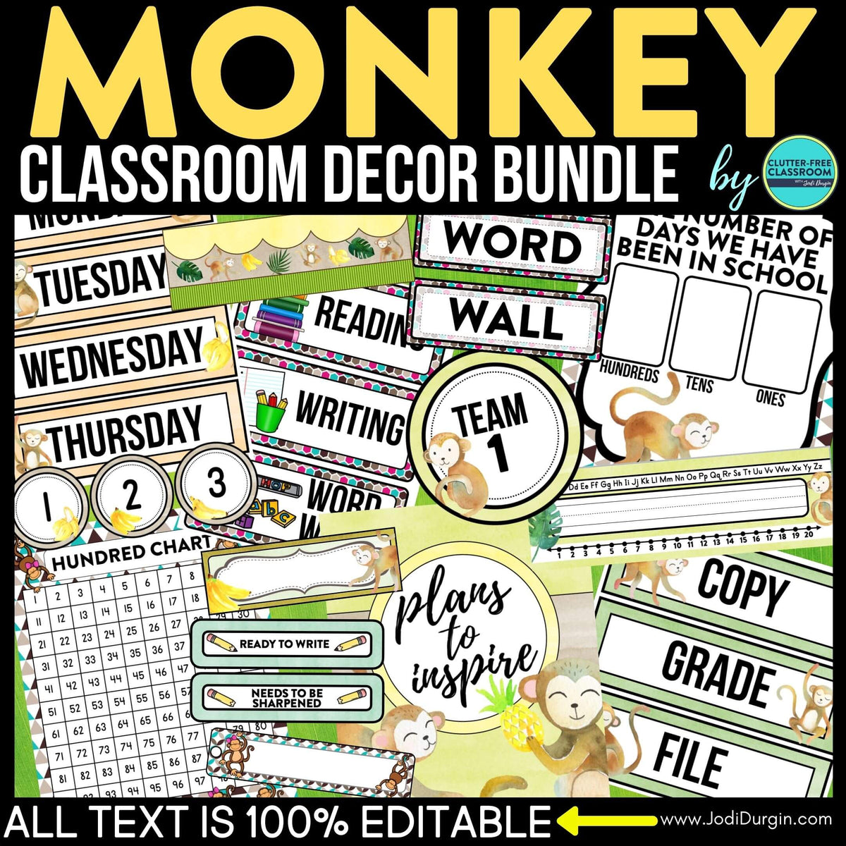 Editable Monkeys Monkey Themed Classroom Decorations Bundle – Clutter Free Classroom Store