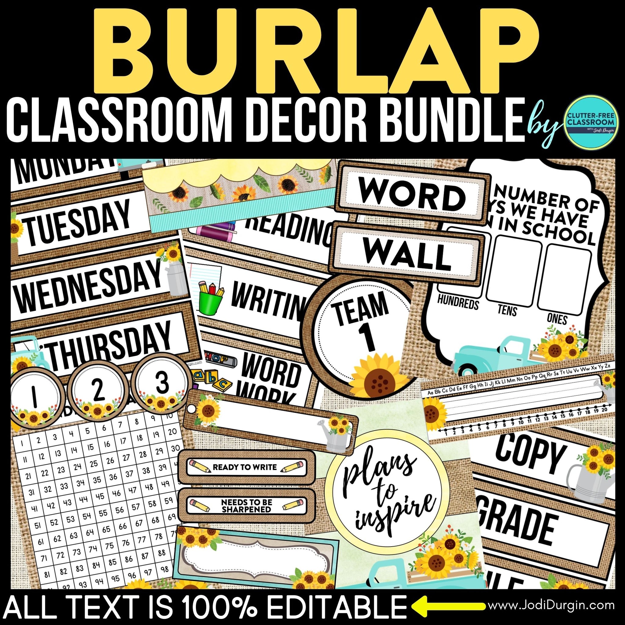 Sunflower & Burlap Classroom Theme Decor Bundle