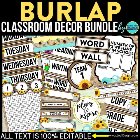 Sunflower & Burlap Classroom Theme Decor Bundle